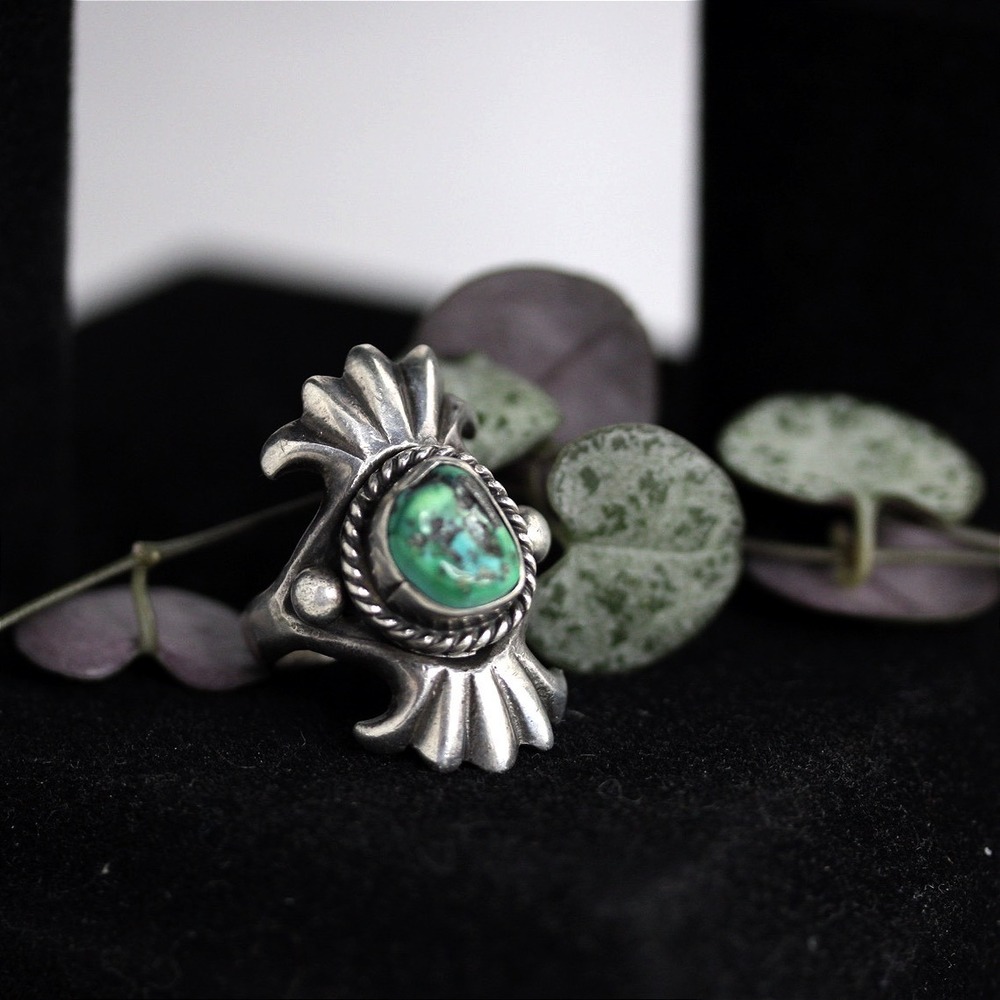 VTG Irene Chiquito Navajo Sterling Silver Turquoise Sandcast Ring Size 9 IC